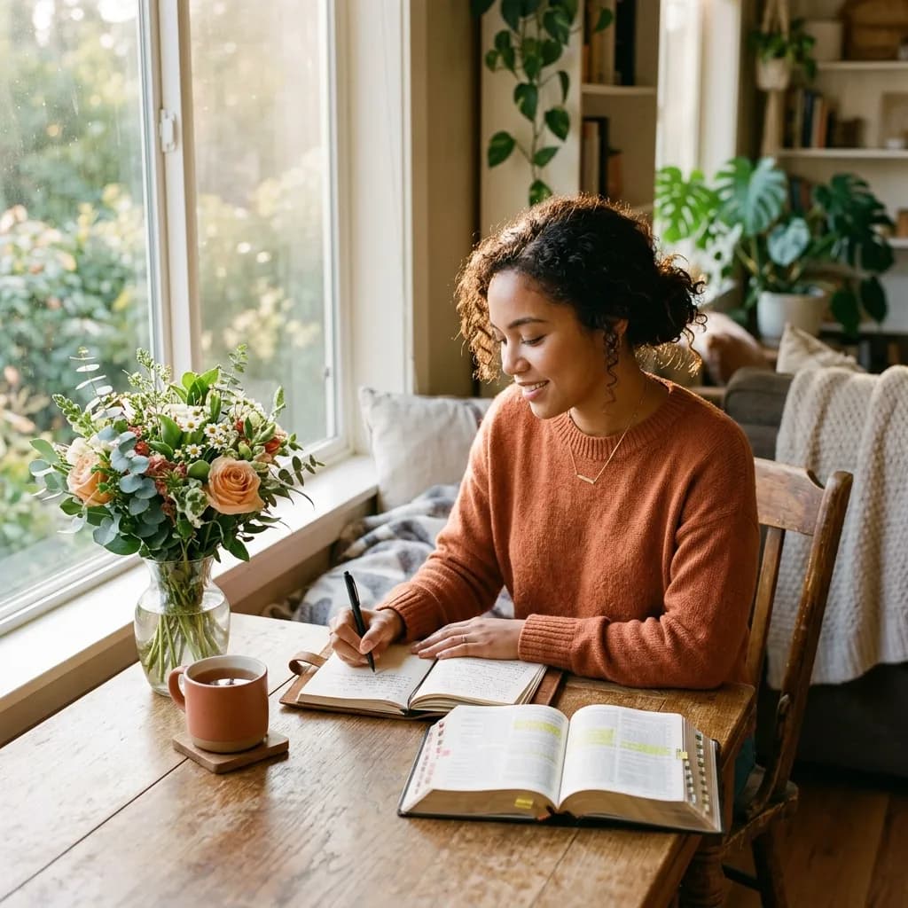 Person journaling with Bible and morning light