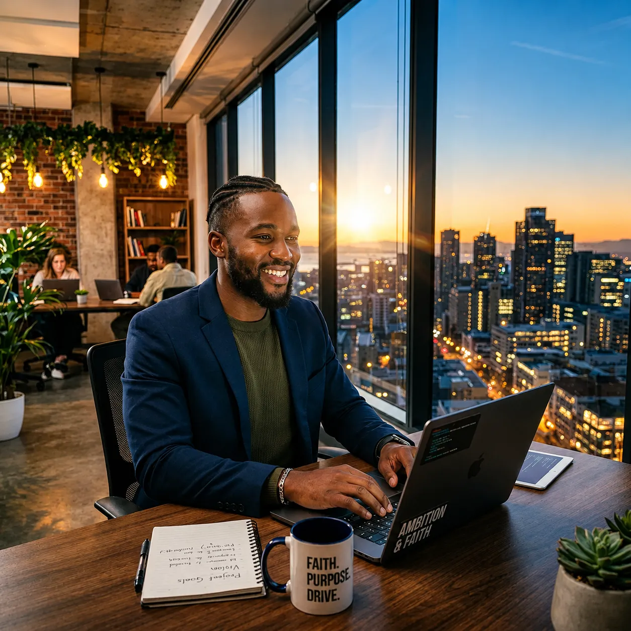 Man smiling at laptop with city background